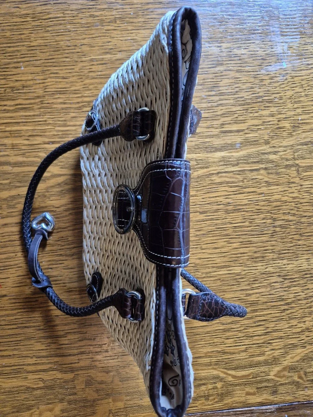 BRIGHTON woven Straw Tote Handbag with Dark Brown Croc-Trim